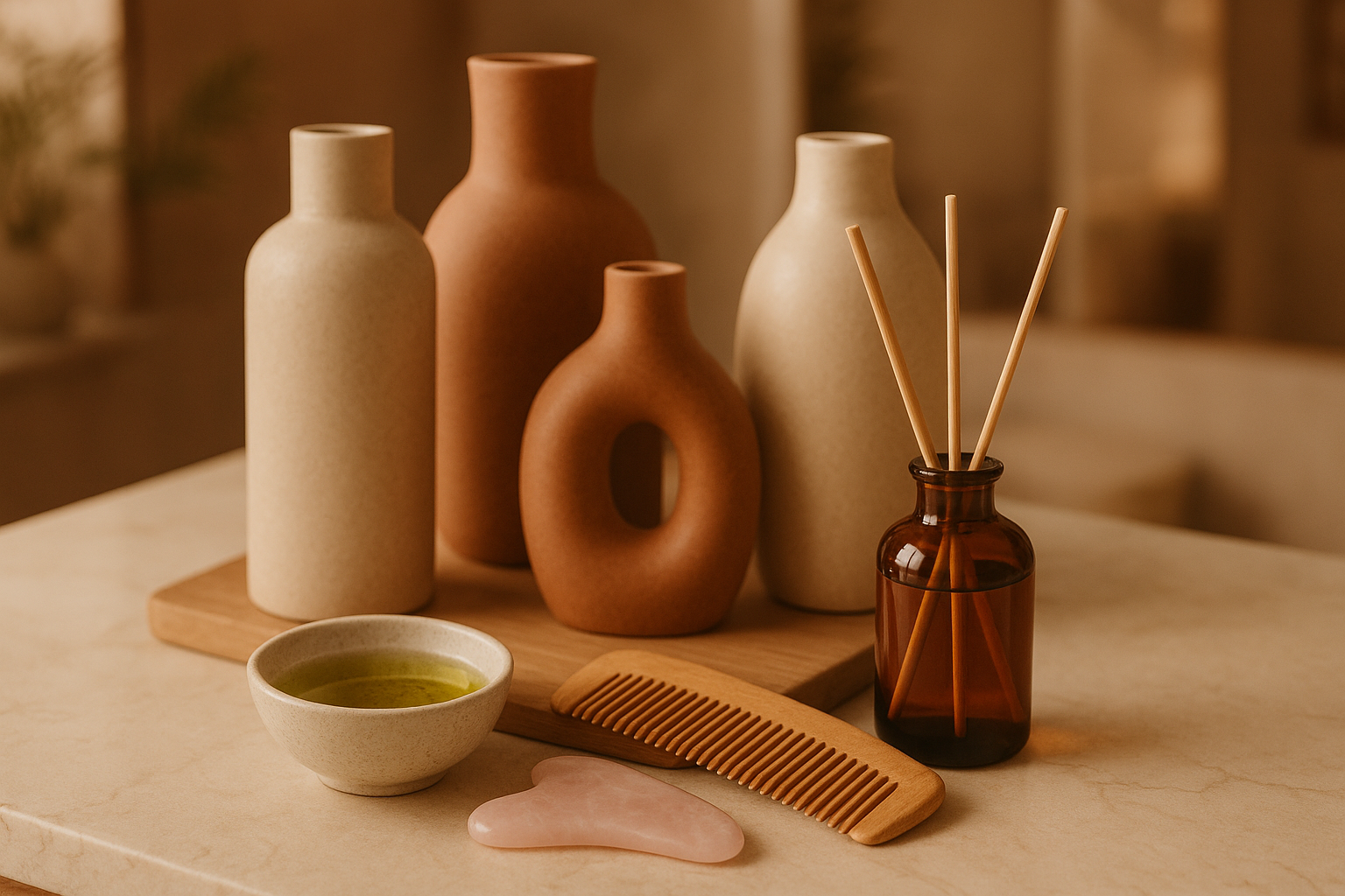 add everything on right places and make oil look a bit green, it shoul look apealing and make it look like a spa room aor something really aesthetic